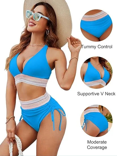 High Waisted Tummy Control Color Block Bikini Sets